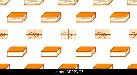 Books and Letters Seamless Pattern. Cartoon seamless pattern with hardcover books and tied letters. Flat warm design for cozy reading and nostalgic mo Stock Vector