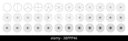 Segmented infographic charts collection. Many number of sectors divide the circle on equal parts. Set of pie, pizza charts. Presentation template Stock Vector