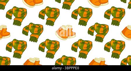 Cozy Autumn Clothes Seamless Pattern. Seamless cartoon pattern with warm orange slippers and checkered scarves. Flat design in seasonal colors for coz Stock Vector
