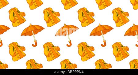 Raincoat and Umbrella Seamless Pattern. Cartoon seamless pattern with yellow raincoats and orange umbrellas. Flat fall design with cheerful rainy day Stock Vector
