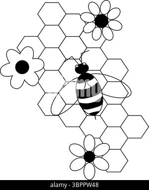 Bee, flowers and honeycomb composition. Vector graphic line illustration. Minimalistic elegant composition with hexagons. for social network posting, Stock Vector