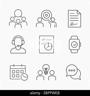 Minimalist outline icons representing business communication, teamwork, planning, support and productivity tools, Ideal for presentations, websites an Stock Vector