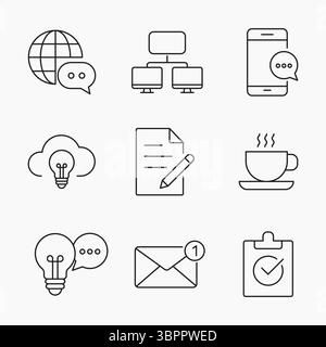Set of clean outline icons illustrating digital communication, cloud ideas, notifications and professional workflow, Perfect for business or tech proj Stock Vector