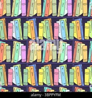 Seamless pattern of a wall-mounted bookcase. Background of bright hand-drawn stacks of books. School library, fairy-tale background for textiles, packaging, stationery, signs, and banners. Stock Vector