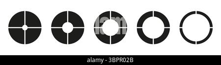 Wheels round divided in four sections. Diagrams infographic set. Circle section graphs. Pie chart icons. Donut charts, pies segmented on 4 equal parts Stock Vector