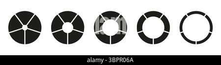Wheels round divided in five sections. Diagrams infographic set. Circle section graphs. Pie chart icon. Donut charts or pies segmented on 5 equal Stock Vector