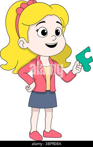 Vector illustration of a cute cartoon girl character with blonde hair, wearing a pink blazer and skirt, holding a green puzzle piece Stock Vector