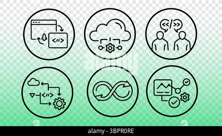 DevOps process diagram icons set. Software development automation workflow infrastructure deployment. Agile development continuous integration Stock Vector