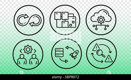 DevOps process automation icons set. Software development continuous delivery pipeline. IT infrastructure deployment monitoring security. Line style Stock Vector