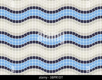 Wavy mosaic lines blue and gray, waves tessellation stripe border ornament, seamless stone paving tile pattern in portuguese style, vector Stock Vector