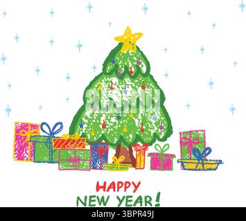 Decorated Christmas doodle tree and gift boxes set drawn like children. Pastel wax grange squiggle strokes on a blackboard bg mimic charcoal spruce Stock Vector