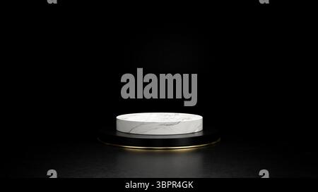 8k High resolution. Marble and gold Pedestal of Platform display with luxury elegant stand podium on black background. Blank Exhibition stage backdrop Stock Photo
