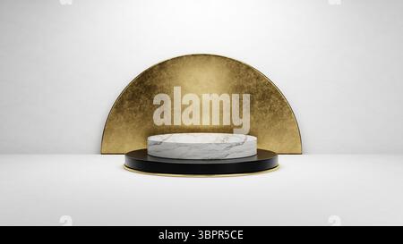 8k High resolution. Marble and gold Pedestal of Platform display with luxury elegant stand podium on golden and white background. Blank Exhibition. Stock Photo