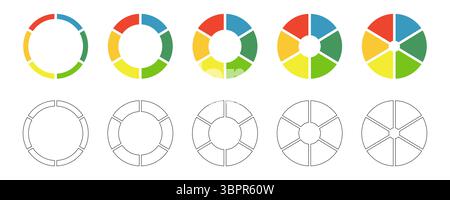 Donut charts set. Pies segmented on 6 equal parts. Wheels divided in six sections. Diagrams infographic multicolored collection. Circle section graph Stock Vector