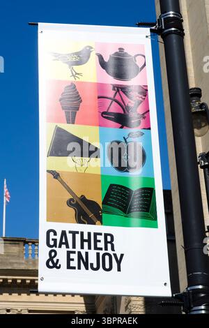 Public Art instalation PS. with Love  vibrant flags and Banners on Park Street Bristol UK stories and symbols that shape the area By Nick Hand and Han Stock Photo