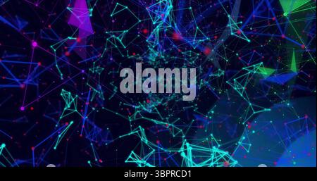 Pulsing abstract network forming 3D web in dark virtual space, with glowing nodes lines shapes Stock Photo