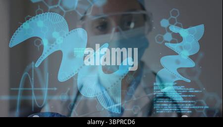 Scientist wearing protective gear analyzing holographic DNA in lab, with code streams and diagrams Stock Photo