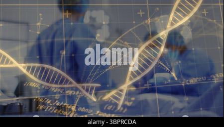 Displaying glowing DNA helix on translucent interface in surgical suite, with scrub team Stock Photo
