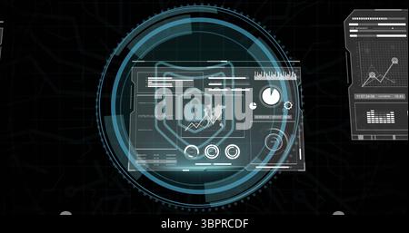Projecting central holographic cybersecurity interface on dark grid, with shield icon and padlock Stock Photo