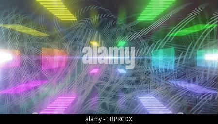 Floating glowing panels and swirling white wireframe curves forming 3D space, with lens flare Stock Photo