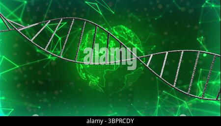 Floating silver DNA helix moving across virtual grid, with glowing Earth globe and network lines Stock Photo