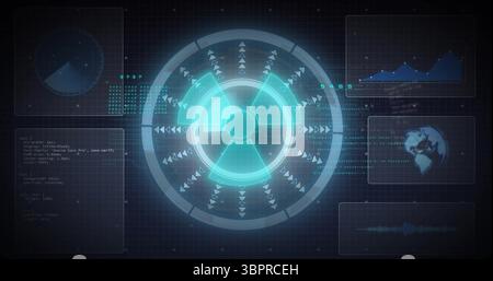 Showing holographic HUD element on grid overlay, with radar gauge, code graph globe waveform panels Stock Photo