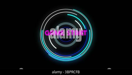 Animating central digital interface showing concentric neon arcs and rings, with GAME START text Stock Photo