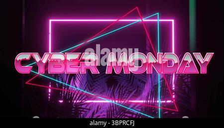Retro neon 'CYBER MONDAY' sign shining on digital stage with frame, triangle lights and palm fronds Stock Photo