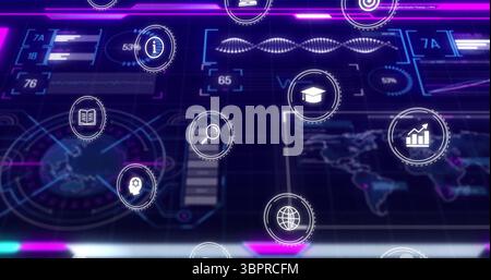 Displaying cluster of floating circular icons glowing over virtual dashboard, with analytics theme Stock Photo