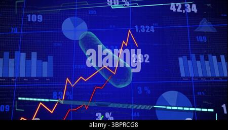 Displaying green 3D capsule over analytics dashboard showing bar line pie charts and numeric labels Stock Photo