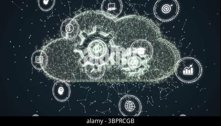 Displaying cloud icon glowing with gears and graduation cap in dark network with concept icons Stock Photo