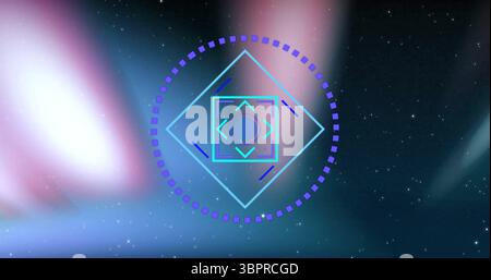 Displaying central HUD over starfield, with magenta circle, light blue diamond and central node Stock Photo