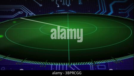 Displaying radar display scanning on control interface, with green grid and circuit board pattern Stock Photo