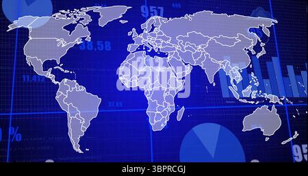 World map with data processing image over blue background and pie chart Stock Photo