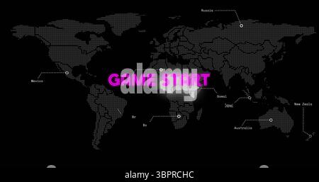 Displaying neon pink GAME START text on digital game screen, with dotted world map, country labels Stock Photo