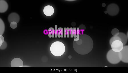 Displaying neon pink GAME START text glowing on virtual gaming interface, with bokeh light circles Stock Photo