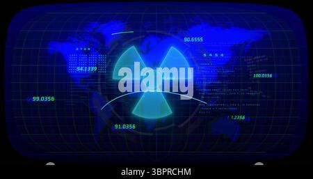 Displaying glowing cyan radiation hazard trefoil symbol on high-tech monitor, with numeric readouts Stock Photo