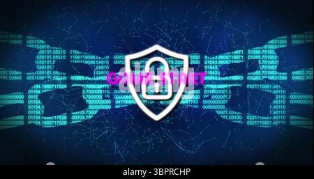 Floating white shield with keyhole icon and GAMESTAR text on blue code background, wireframe net Stock Photo