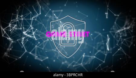 Displaying shield icon with keyhole and neon GAME START text over blue network, with glowing nodes Stock Photo