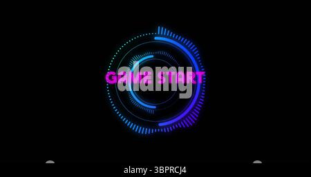 Displaying neon HUD rings and segmented arcs rotating on black background, with magenta GAME START Stock Photo