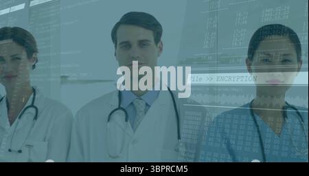 Doctors with encryption and data processing image overlay in hospital setting Stock Photo