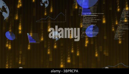 Streaming centered cluster displaying data interface, with currency symbols, globes and code text Stock Photo