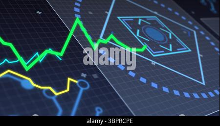 Displaying neon green and yellow graph moving over grid interface, with hexagon and dashed circles Stock Photo