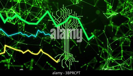 Displaying circuit-tree graphic connecting network nodes in digital grid, with neon line graphs Stock Photo