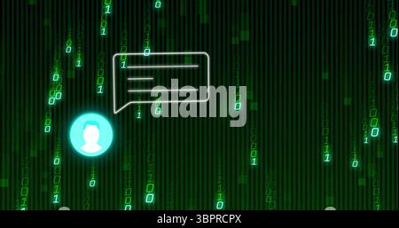 Flowing green binary code streaming over grid, framing cyan avatar with chat bubble, copy space Stock Photo