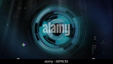 Displaying concentric HUD interface showing radial rings in control panel, with glitch effects Stock Photo