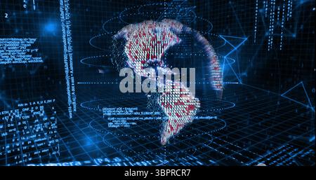 Rotating red and white points forming 3D globe over dark-blue grid, with light rings, code snippets Stock Photo