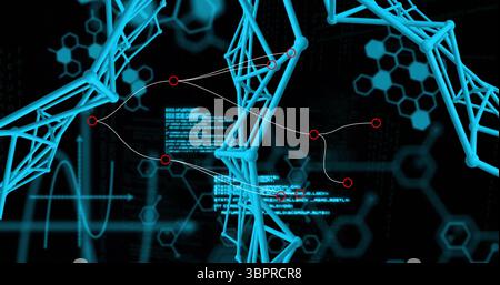 Displaying cyan tubular network in virtual cyberspace, with red nodes, linking lines and blue code Stock Photo
