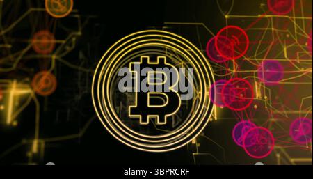 Glowing golden Bitcoin symbol shining in digital network, with circuit lines and node circles Stock Photo