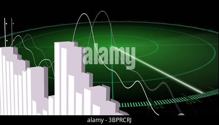 Displaying circular green radar grid with sweeping beam on display, with bar charts and sine waves Stock Photo